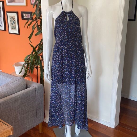 Abercrombie & Fitch Navy Halter Chiffon Floral High  Low Hem Maxi Dress Size XS - Picture 2 of 12